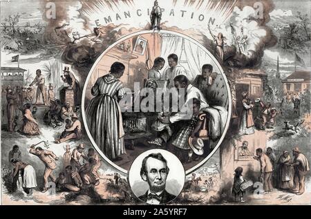 Emanzipation von einer gravierten Abbildung von Thomas Nast 1840-1902, c 1865. Thomas Nast's Feier der Emanzipation der Südlichen Slaves mit dem Ende des Bürgerkriegs. Nast sieht ein etwas optimistisches Bild von der Zukunft der freien Schwarzen in den Vereinigten Staaten. Die zentrale Szene zeigt das Interieur eines Freedman Home mit der Familie um eine "Union" Holz Herd versammelt. Der Vater springt sein kleines Kind auf seinem Knie, während seine Frau und andere auf. An der Wand in der Nähe der Mantel hängen Sie ein Bild von Abraham Lincoln und einem Banjo. Unterhalb dieser Szene ist eine ovale Portrait von Lincoln und darüber, Stockfoto