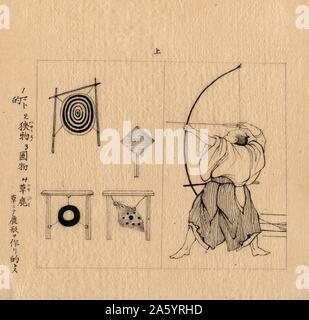 Japanische Zeichnung eines Kriegers, umfasst Full-length, Verkleidung links, mit Bogen gezeichnet, etwa zu einem Pfeil schießen mehrere Arten von Zielen Stockfoto