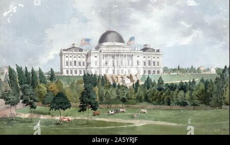 Westfront des United States Capitol mit Kühen im Vordergrund 1831; von John Rubens Smith, 1775-1849, Künstler. Der Blick auf die Westseite des Kapitols, von was jetzt die National Mall, sondern pastoral ist. Die tripolis Denkmal zu Ehren der amerikanischen Matrosen während der barbary Kriege von 1804, wurde vor dem Capitol im Jahre 1831 installiert. John Rubens Smith als Künstler in seiner Heimat England ausgebildet und um 1807 in die neue Republik verschoben. Er die Ostküste der Vereinigten Staaten dokumentiert, Stockfoto