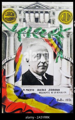 Plakat mit einem Porträt des Niceto Alcalá Zamora y Torres (6. Juli 1877 – 18. Februar 1949) war ein spanischer Rechtsanwalt und Politiker, kurz gesagt, der erste Premierminister der zweiten spanischen Republik, und dann – von 1931 bis 1936, als deren Präsident. Stockfoto