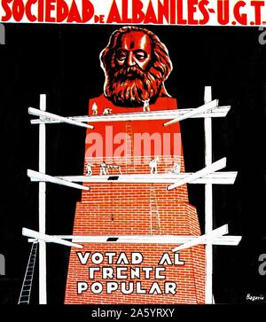 1936 spanischen linken Flügel Wahlplakat, zeigen den Bau einer riesigen Statue von Karl Marx mit dem Slogan "Stimmen für die Volksfront". Stockfoto