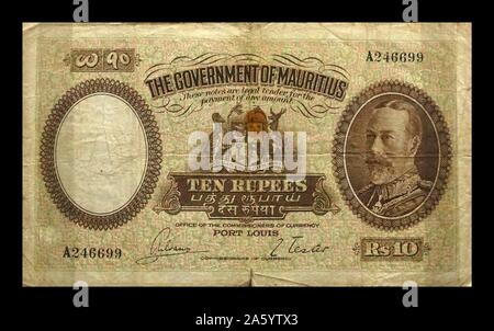 Koloniale zehn Rupie Banknote; Regierung von Mauritius, 1930 Stockfoto