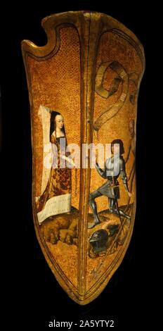 Französischen mittelalterlichen Schild (vielleicht ein Geschenk oder einen Preis in einem Turnier gewesen sein). Zeigt eine Dame trägt einen flämischen wies Kopfschmuck und ein junger Ritter kniend zu ihren Füßen. Der Tod lauert hinter ihm. Die Legende auf die Schriftrolle über seinem Kopf liest: "Vous Ou la Mort" ("Sie oder Tod"). Etwa 1475-1500 Flandern oder Burgund. Holz, Leder, Gips und Farbe Stockfoto