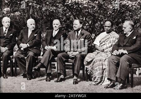 Commonwealth-Führer treffen sich in London 1960. Von links nach rechts: Harold MacMillan, Vereinigtes Königreich; Australien, Robert Menzies; Südafrika, Eric Louw (Minister für auswärtige Angelegenheiten); Pakistan, Ayub Khan; Ghana, Kwame Nkrumah; Föderation von Rhodesien und Njassaland, Sir Roy Welensky Stockfoto