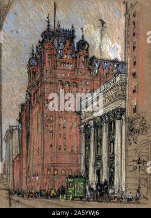 Waldorf Astoria Hotel, Thirty-Fourth Street und Fifth Avenue 1906 durch Joseph Pennell, 1857-1926, Künstler: New York City. Diagonal View Fifth Avenue, große grüne Wagen auf Straße und weit Bürgersteig überfüllt mit kritzelte Figuren, vorbei an Bankgebäude, große rote Präsenz der alten Waldorf Astoria Hotel, Zwiebeltürme, Antennen oben. Stockfoto