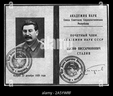 Mitgliedschaft-Dokument von 1939, sowjetische Führer Josef Stalin zum Ehrenmitglied der Akademie der Wissenschaften der Sowjetunion zeigen Stockfoto