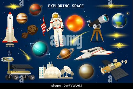 Astronaut im Weltraum. Spaceman erforscht die Galaxie. Satz von astronomischen Universum. Planeten des Sonnensystems. Kosmonaut Abenteuer erkunden Stock Vektor