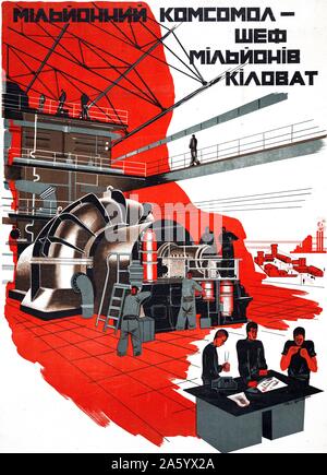 Sowjetische Propaganda Plakat Celebratiing Elecrtric macht Propductioion in der Sowjetunion. 1929 durch G. Gritsenko "1 Million Komsomoltsy - Master von 1 Million Kilowatt". Stockfoto