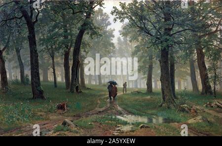 Gemälde von Ivan Shishkin (1832-1898) russischer Landschaftsmaler eng verbunden mit der Bewegung der Peredwischniki, mit dem Titel "Regen in einem Eichenwald". Datiert 1891 Stockfoto