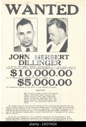 John Herbert Dillinger (1903-1934) American Gangster in den USA Tiefstandära Plakat gesucht. Datierte 1934 Stockfoto