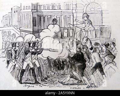 Die Dos de Mayo von 1808, war eine Rebellion der Menschen in Madrid gegen die Besetzung der Stadt durch französische Truppen, der Krieg der Halbinsel auslösen. Der Funke, der provoziert die Rebellion war der Schritt der französische Marschall in Befehl von Madrid, Joachim Murat, der Tochter von Karl IV. und der Infant Francisco de Paula zu der französischen Stadt Bayonne zu senden. Am 2. Mai eine Menge begann vor dem Royal Palace in Madrid zu sammeln. Die Versammelten die Schlossanlage in einem Versuch, den Ausbau von Francisco de Paula zu verhindern. Stockfoto