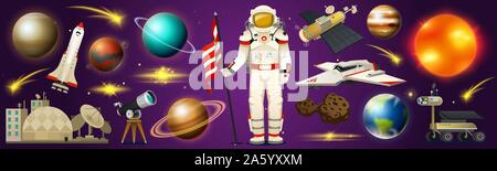 Astronaut im Weltraum. Spaceman erforscht die Galaxie. Satz von astronomischen Universum. Planeten des Sonnensystems. Kosmonaut Abenteuer erkunden Stock Vektor