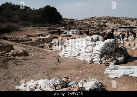 Bet Shemesh, Israel. 23. Oktober, 2019. Mitarbeiter der Israel Antiquities Authority Arbeit einer 1500 Jahre alten Kirche aufzudecken, mit Mosaikböden und Griechischen Mosaik Inschriften dekoriert, entdeckt, etwa 30 Km westlich von Jerusalem. Eine Inschrift gefunden widmet, die Website zu einem namenlosen "glorreichen Märtyrer". Eine zweite erwähnt eine Spende aus der byzantinischen Kaiser Tiberius II Konstantin empfangen. Eine völlig intakte Crypt diente als eine unterirdische Grabkammer für die 'glorreichen Märtyrer". Credit: Nir Alon/Alamy leben Nachrichten Stockfoto