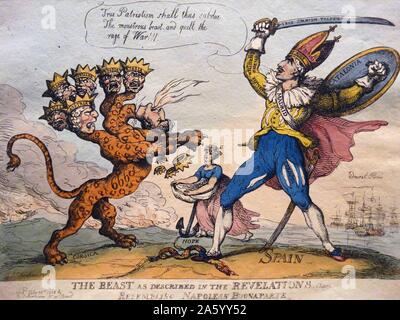 Handkolorierten Radierung mit dem Titel "The Beast als beschrieben in den Offenbarungen" von Thomas Rowlandson (1757-1827), britischer Maler und Karikaturist. Vom Jahre 1808 Stockfoto
