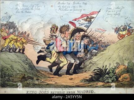 Handkolorierten Radierung mit dem Titel "König Joe Rückzug aus Madrid" von Thomas Rowlandson (1757-1827), britischer Maler und Karikaturist. Vom Jahre 1808 Stockfoto