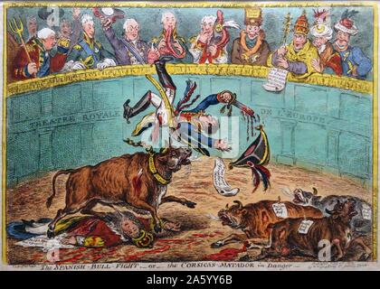 Handkolorierten Radierung mit dem Titel 'The Spanish Bull Fight' von James Gillray (1756-1815) englische Karikaturist und Grafiker der sozialen Satiren. Vom 19. Jahrhundert Stockfoto