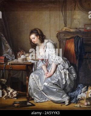 Gemälde mit dem Titel "The Broken Mirror" vom französischen Maler Jean-Baptiste Greuze (1725-1805) von Porträts, Genreszenen und Historienmalerei. Vom 18. Jahrhundert Stockfoto