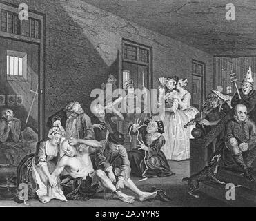 Gravur mit dem Titel "The Rake es Progress" von William Hogarth (1697-1764), englischer Maler, Grafiker, bildhafte Satiriker, Gesellschaftskritiker und Karikaturist, mit zukunftsweisenden westlichen sequenziellen Kunst gutgeschrieben wurde. Vom 18. Jahrhundert. Stockfoto