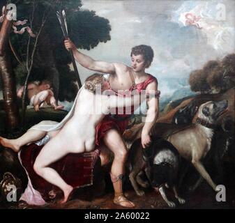 Gemälde mit dem Titel "Venus und Adonis" von Tizian (1488-1576) italienischer Maler und Mitglied der venezianischen Schule. Datiert aus dem 16. Jahrhundert Stockfoto