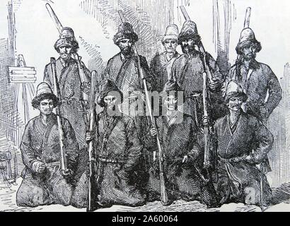 Gravur mit Native Guard of Honour im Palast in Kashgar, China. Vom 19. Jahrhundert Stockfoto