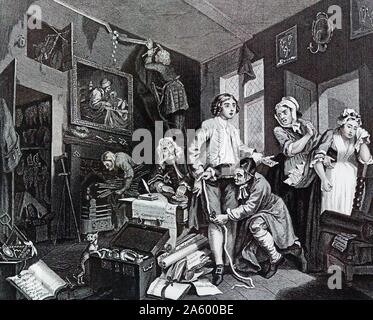 Eine liederlichen - Platte 1 - bemächtigt sich das junge Erbe der Geizige Effekte von William Hogarth (1697-1764). Englischer Maler, Grafiker, bildhafte Satiriker. Stockfoto