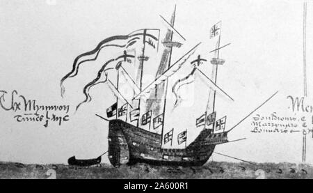 Schiff von Sir Francis Drake (1540-1596) ein englischer Kapitän zur See, Freibeuter, Navigator, Sklavenhändler und Politiker des Elisabethanischen Zeitalters. Datiert aus dem 16. Jahrhundert Stockfoto