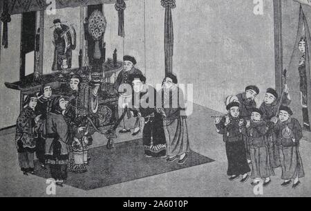 Binden eines Bandes im siebzehnten Jahrhundert chinesische Hochzeit Stockfoto