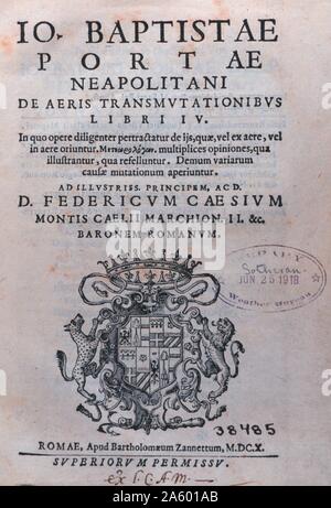 Titelblatt des "De Aeris Transmutationibus Libri IV..." von Giambattista della Porta, 1535-1615. Veröffentlicht im Jahr 1614. Stockfoto