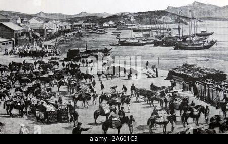 Japanischen Streitkräfte Land am Chemulpo, Korea, eingefangen von der japanischen Armee von chinesischen Kraft; während des Sino-japanischen Krieges, Oktober 1894 Stockfoto