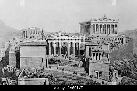 Die Akropolis als es erschien während des Goldenen Zeitalters. Die Akropolis von Athen ist einer alten Zitadelle befindet sich auf einem hohen Felsvorsprung oberhalb der Stadt Athen und die Überreste von mehreren alten Gebäuden große architektonische und historische Bedeutung, die bekanntesten sind der Parthenon. Stockfoto