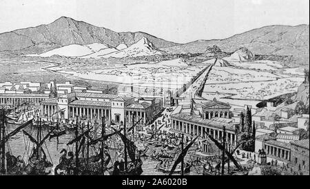 Athen als es erschien während des Goldenen Zeitalters. Die Akropolis von Athen ist einer alten Zitadelle befindet sich auf einem hohen Felsvorsprung oberhalb der Stadt Athen und die Überreste von mehreren alten Gebäuden große architektonische und historische Bedeutung, die bekanntesten sind der Parthenon. Stockfoto