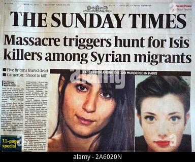 Sunday Times Titelseite, koordiniert nach der 13. November 2015, Terroranschläge in Paris, Frankreich. Die Angreifer 130 Menschen getötet. Stockfoto