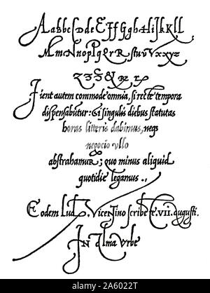 Seite aus Arrighis Operina schreiben Handbuch 1539 zeigt Handschrift Stile des 16. Jahrhunderts, Frührenaissance. Stockfoto