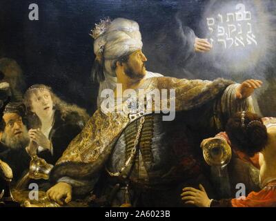 Von deatil Belshazzar's Feast 1635; Gemälde von Rembrandt van Rijn 1606 - 1609. Die Geschichte von belsazar und die Schrift an der Wand stammt aus dem Alten Testament Buch Daniel. Der babylonische König Nebukadnezar, der Tempel in Jerusalem geplündert und hat die heilige goldene Becher gestohlen. Sein Sohn Belsazar diese Cups für ein großes Fest, wo die Hand Gottes erschien und schrieb die Inschrift an der Wand prophesizing der Sturz von belsazar die Herrschaft verwendet. Stockfoto