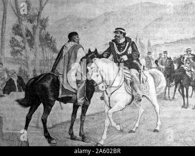 Abbildung von Giuseppe Garibaldi (1807-1882), ein italienischer General und Politiker, die eine große in der Geschichte Italiens, mit Victor Emmanuel II von Italien (1820-1878) König von Sardinien Rolle. Vom 19. Jahrhundert. Stockfoto