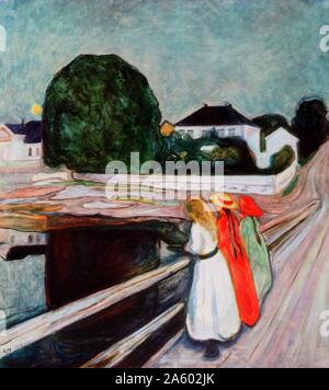 Mädchen auf der Brücke, 1899 von Edvard Munch (1863-1944). Norwegischer Maler und Grafiker, dessen Behandlung von psychologischen Themen auf Symbolik des 19. Jahrhunderts gebaut und deutschen Expressionismus des frühen 20. Jahrhunderts beeinflusst. Stockfoto