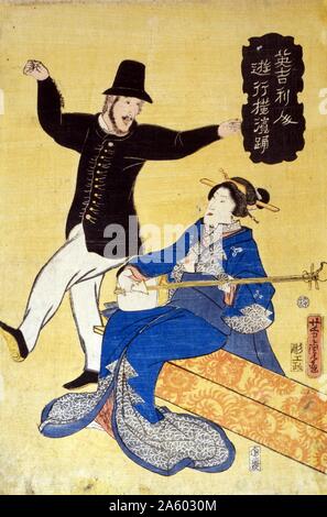 Druck auf Hosho Papier, Holzschnitt, Farbe zeigt einen Engländer tanzen in Yokohama. Künstler Yoshitora Utagawa (aktive) 1850-1870. Japanische Print zeigt einen Engländer tanzen während eine Japanerin die Shamisen, Yokohama, Japan spielt. Stockfoto