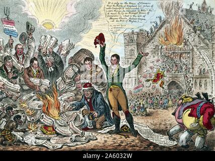 Wahre Reform des Parlaments, Patrioten, die Beleuchtung ein Revolutionär-Lagerfeuer im new Palace Yard von James Gillray (1756-1815). Kupferstich mit Aquarell, print befindet sich Sir Francis Burdett eine Rede und winken ein Bonnet Rouge geformt wie ein fool's Cap, wie Horne Tooke Lichter auf einen Stapel von Akten und Urkunden sowie eine Bibel Feuer, mit einem flammenden Schlagstock "Sedierung" gekennzeichnet, während drei Kreaturen verleihen die Flammen. Stockfoto