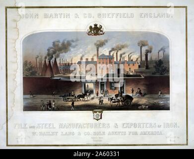 John Martin & Co., Sheffield, England. Datei und Stahl Hersteller und Exporteure von Eisen. W. Bailey Lang & Co. alleiniger Vertreter für Amerika, J.H. Bufford Lith, Boston, Massachusetts Lithographie Farbdruck Wentworth Werke, mit belebten Straßenszene im Vordergrund. Stockfoto