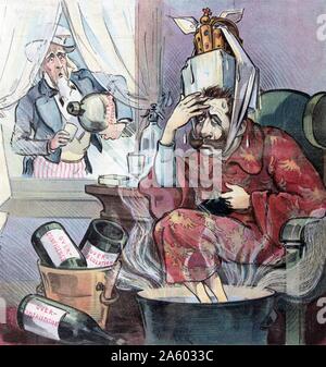Deutschlands "Katzenjammer" von Udo J Keppler (1872-1956). Abbildung zeigt William II, deutscher Kaiser, leiden unter übermäßiger Genuss, sitzt auf einem Stuhl mit einem Eisblock auf dem Kopf mit seiner Krone oben und seine Füße in einer Wanne mit heißem Wasser; in einem Eimer im Vordergrund sind zwei leere Flaschen etikettiert "übermäßige Spekulation und"Selbstüberschätzung", auf dem Boden ist eine weitere leere Flasche"Over Kapitalisierung"gekennzeichnet. Uncle Sam steht vor einem Fenster mit einem bestürzt Blick auf seinem Gesicht und etwa eine Tasse aus einer großen Flasche beschriftet "Übermäßige Spekulation" zu füllen. Stockfoto
