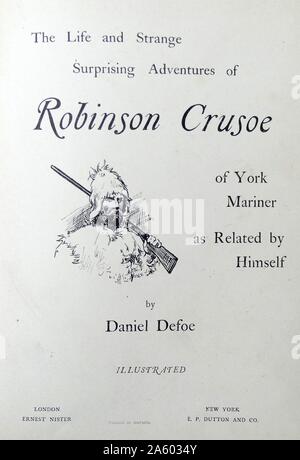 Deckblatt Illustration aus einer Ausgabe des neunzehnten Jahrhunderts von "Robinson Crusoe" ein Roman von Daniel Defoe. Das Buch erschien erstmals am 25. April 1719. Es erzählt die Geschichte von Robinson Crusoe, für 28 Jahre und seine anschließende Kampf ums Überleben auf einer einsamen Insel gestrandet. Stockfoto