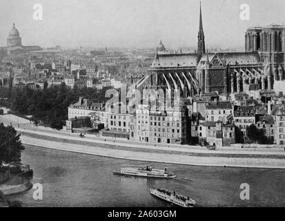 Fotoabzug einer Ansicht der Kathedrale Notre-Dame, eine historische katholische Kathedrale auf der östlichen Hälfte des Île De La Cité im vierten Arrondissement von Paris. Vom 19. Jahrhundert Stockfoto