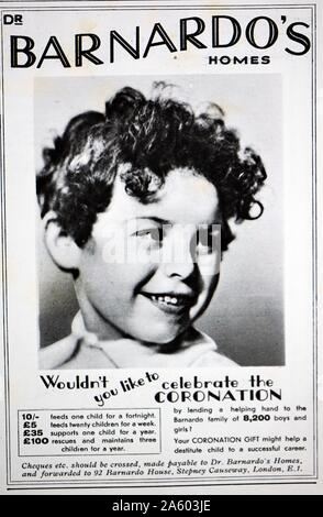 1937 Anzeige für Barnardo es Heim für Waisenkinder zum Zeitpunkt der Krönung von König George VI Stockfoto