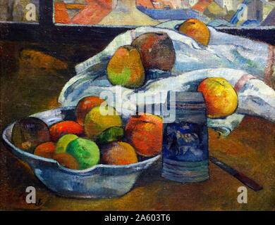 Painting titled 'Bowl of Fruit and Tankard before a Window' by Paul Gauguin (1848-1903) a French post-Impressionist artist. Dated 19th Century Stockfoto