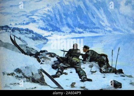 Deutsche Welt Krieg Zwei Postkarte zeigt die Vorauszahlung der Truppen der Deutschen Armee vor der norwegischen Stadt Narvik. 1940, Adolf Hitler die Invasion von Norwegen bestellt, codenamed Operation WeserÃ¼bung Stockfoto