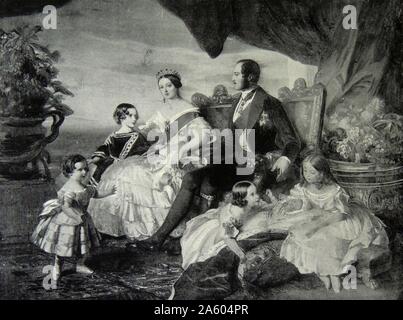 Victoria's Familie im Jahre 1846 von Franz Xaver Winterhalter von Links nach Rechts: Prince Alfred und der Prinz von Wales; die Königin und Prinz Albert; Prinzessinnen Alice, Helena und Victoria Stockfoto
