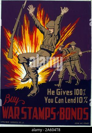 Poster Förderung Erwerb von Krieg Briefmarken und Anleihen zu helfen, den Krieg finanzieren, zeigt einen Soldaten in der Nähe einer Explosion während des Kampfes. Stockfoto