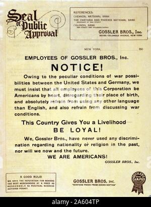 Mitarbeiter von gossler Bros., Inc. - - Achtung! Plakat ist auf Briefkopf gedruckt und ist nur Text fordert alle Mitarbeiter des Unternehmens Amerikaner durch Herz und unterlassen zu sprechen in einer fremden Sprache werden oder über den Krieg. Stockfoto