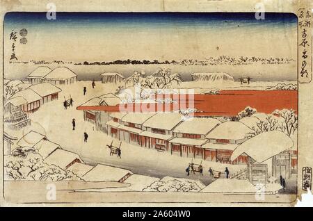 Farbe Holz schneiden von Morgen Schnee am Woshiwara von Hiroshige Ando (1797-1858) Japanische Maler. Vom 1850 Stockfoto