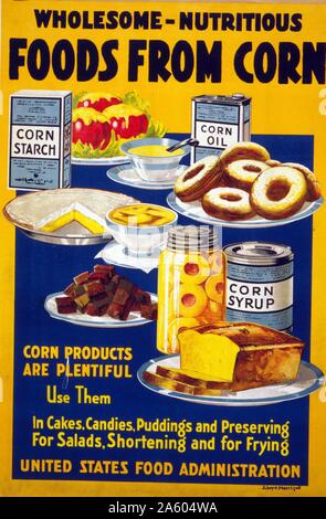 Gesunde und nahrhafte Lebensmittel aus Mais. Eine amerikanische Welt krieg ich Poster mit einer Zusammenstellung der Lebensmittel und Speisen, zusammen mit der Maisstärke, Mais und Mais Sirup. Stockfoto